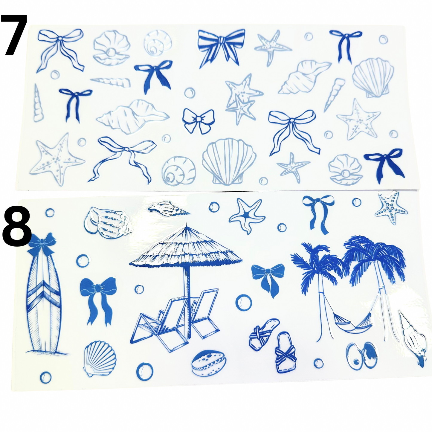Collection of blue beach-themed illustrations on a white background