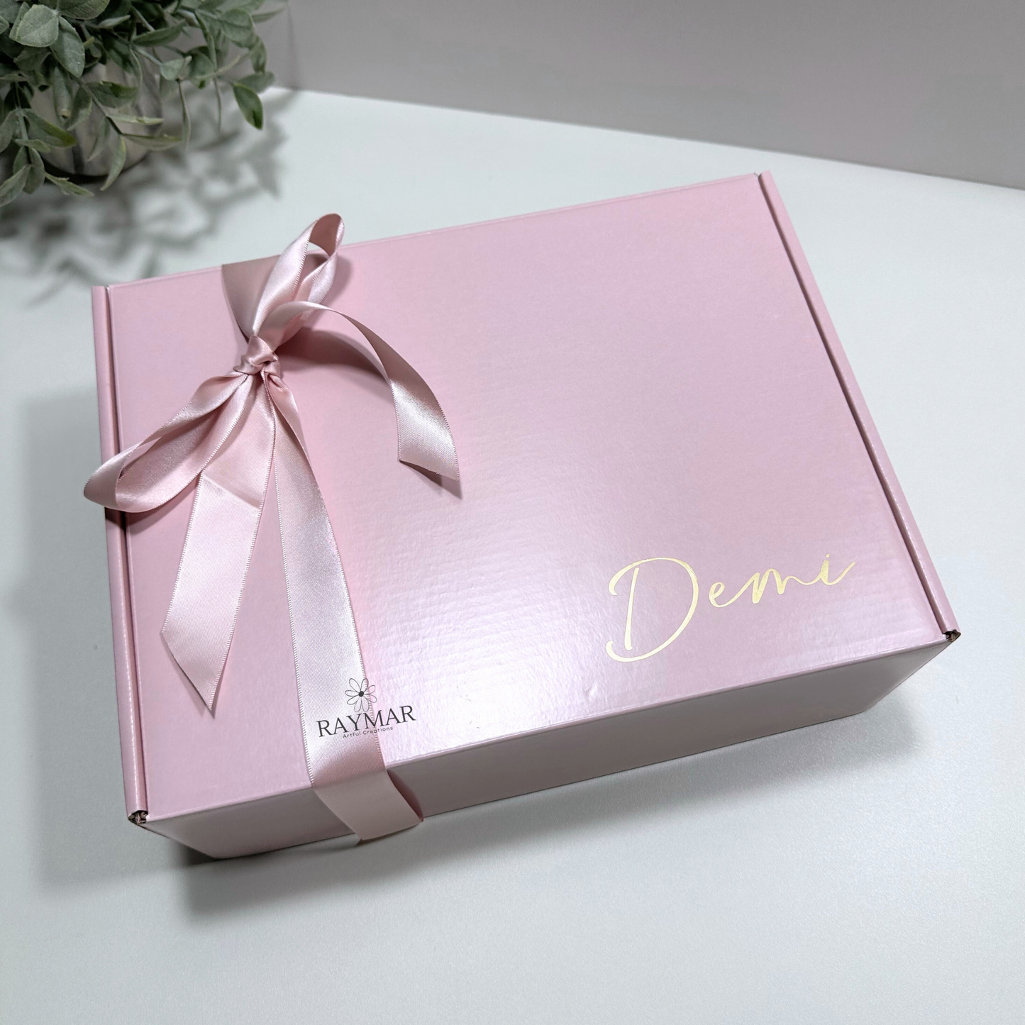 Personalized Pink gift box with a pink bow, name in gold