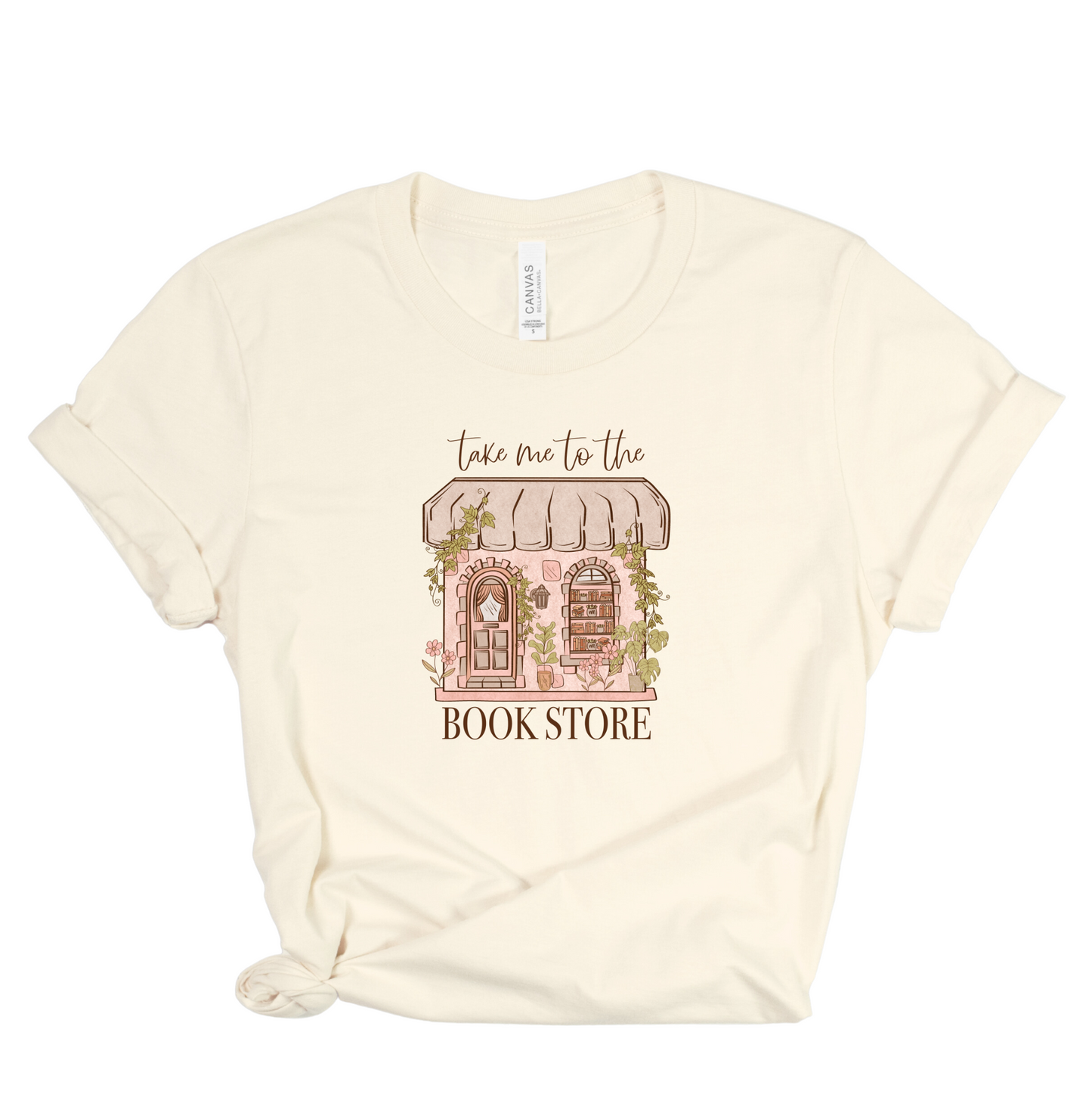 natural color t shirt with an aesthetic library graphic design that said take me to the bookstore