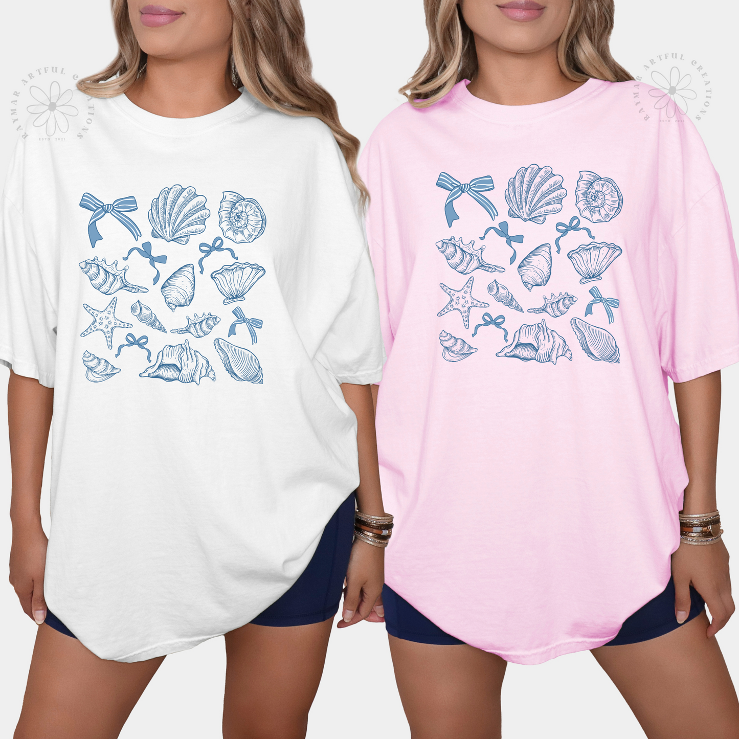 white and pink shirt with a coquette seashell design in pastel blue color