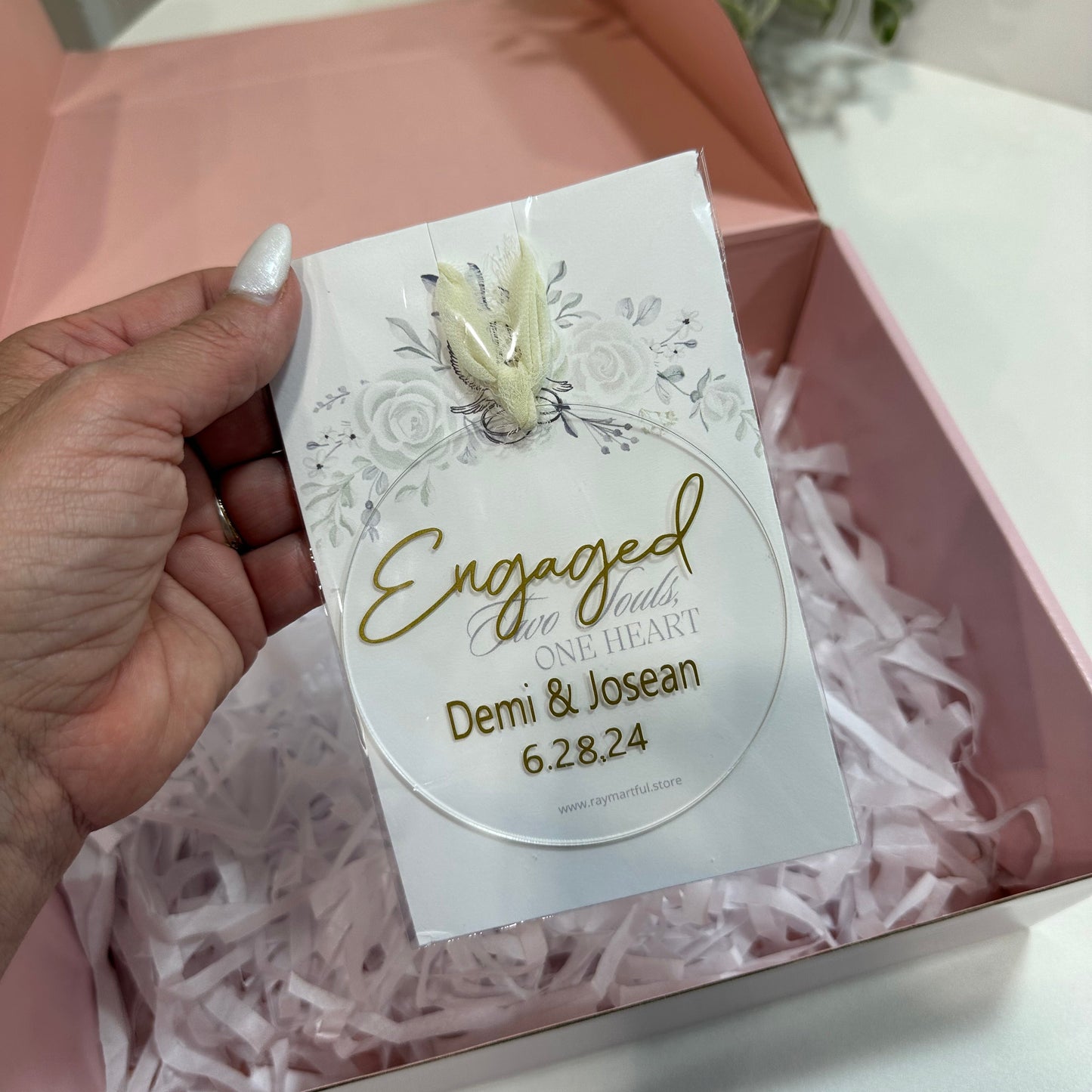 custom engaged round clear ornament with names and date