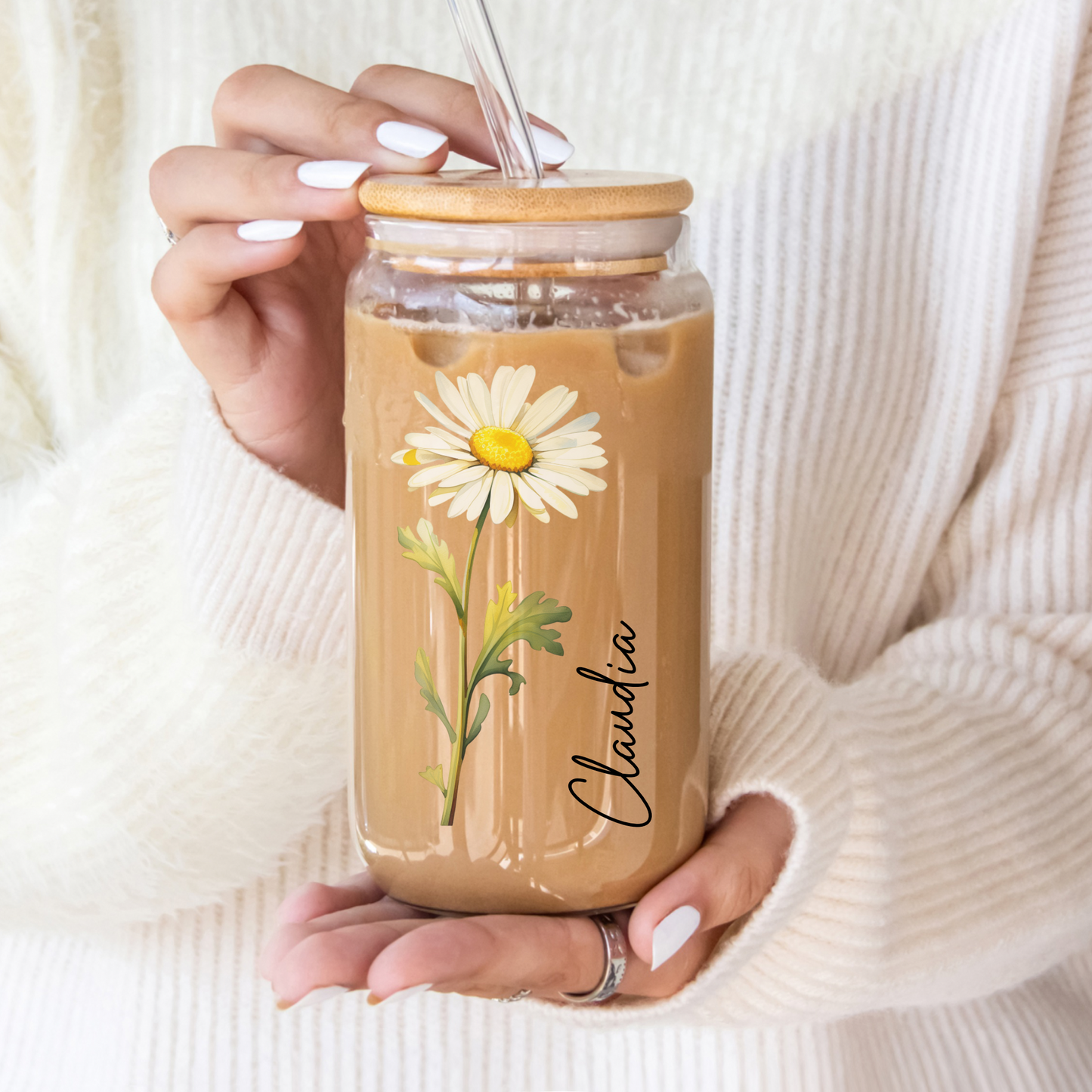 Personalized Flower Birth with Name Glass Cup