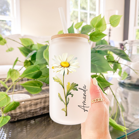 Personalized Flower Birth with Name Glass Cup