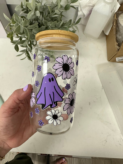 Cute Ghost & Flowers Glass Cup