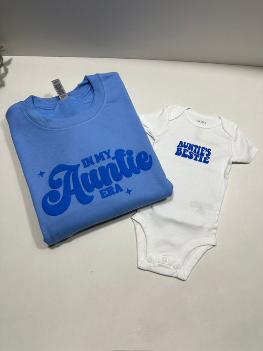In my auntie era blue sweatshirt with a white auntie’s bestie onesie