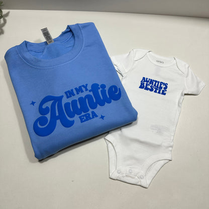 In my auntie era blue sweatshirt with a white auntie’s bestie onesie