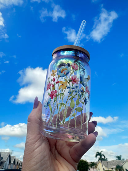 Holographic Flowers Glass Can