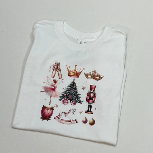 white kid shirt shirt with nutcracker ballerina Christmas design in pink, 