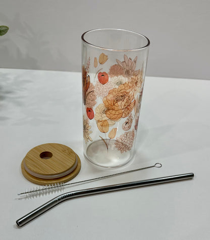 Fall Vintage Flowers Glass Cup