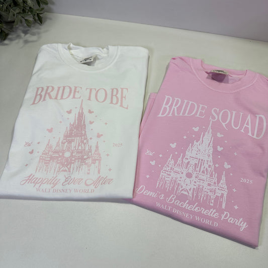 Bride to be white shirt happily ever after and a pink shirt bride squad personalized