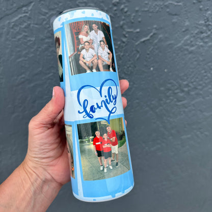 a hand holding a custom tumbler with family photos