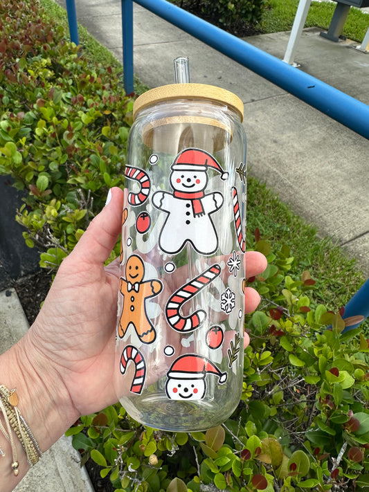 Cute Snowman and Gingerbread Glass Tumbler