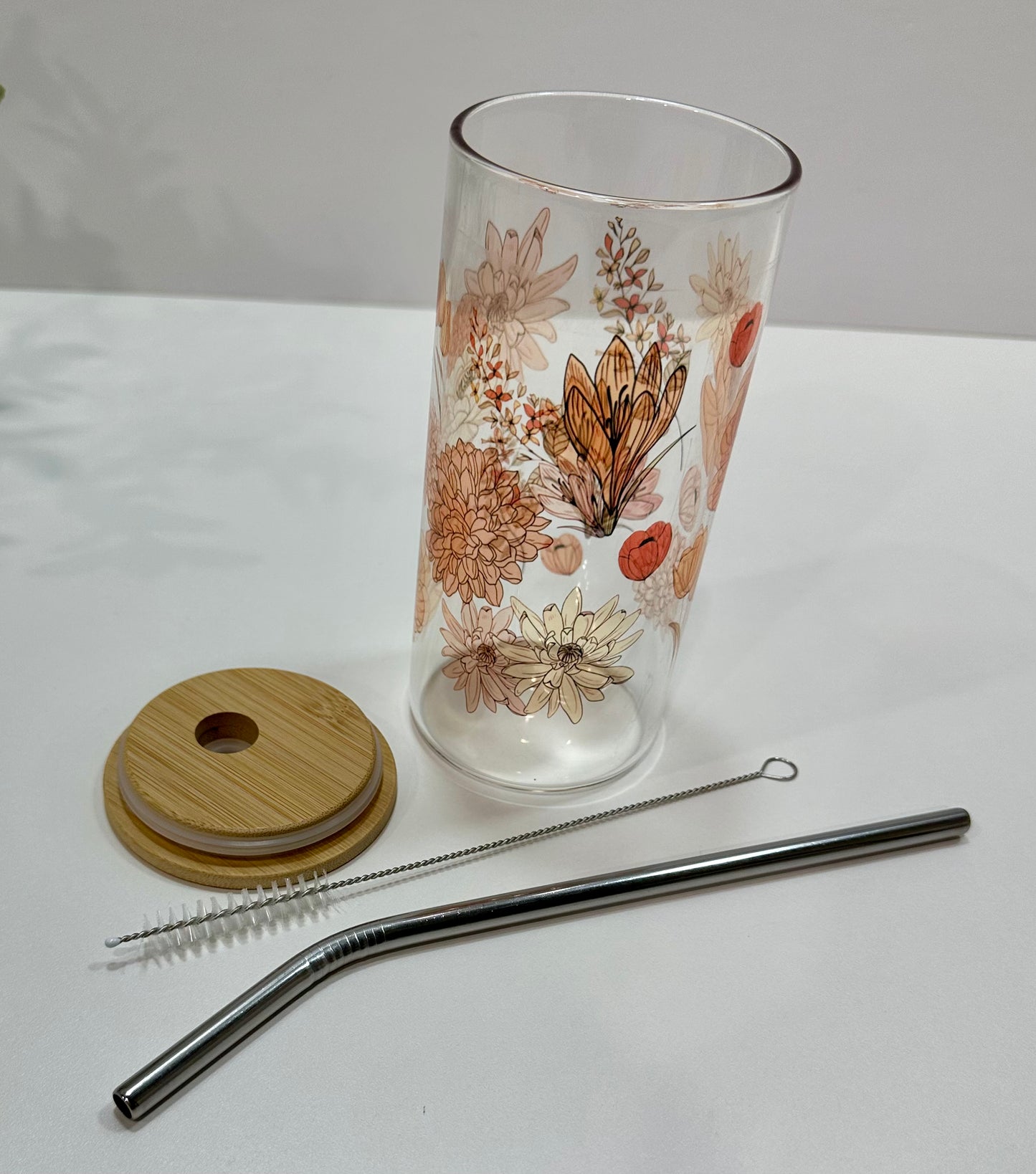 Fall Vintage Flowers Glass Cup