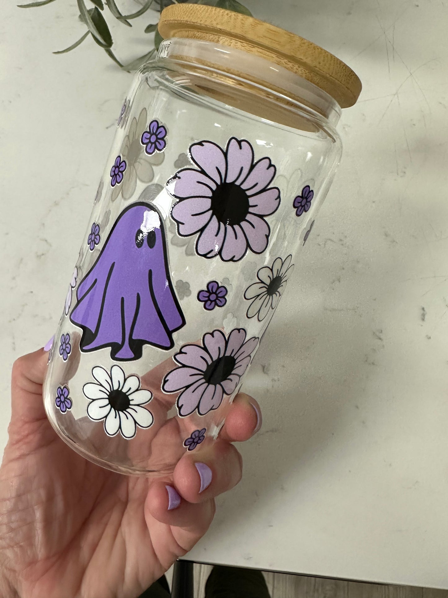 Cute Ghost & Flowers Glass Cup