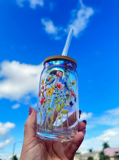 Holographic Flowers Glass Can