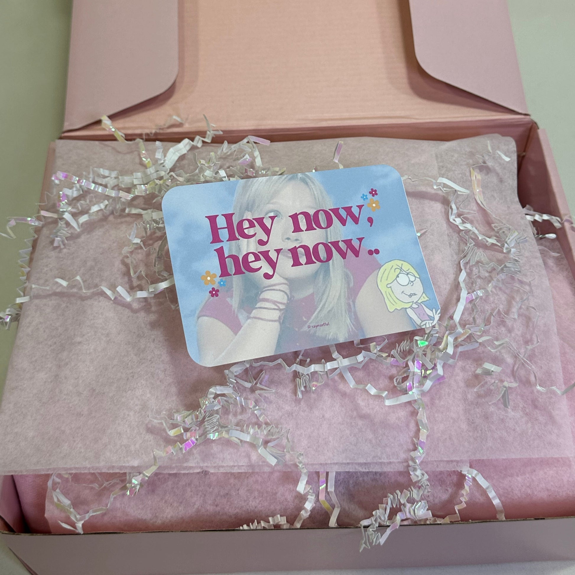Gift box with 'Hey now' card inside