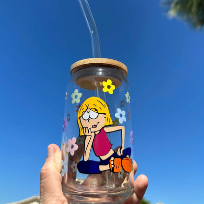 glass can cup with lizzie mcguire design and daisies flowers with bamboo lid and straw, 90s gift