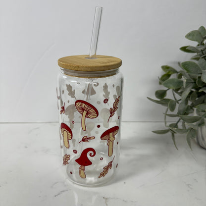 Cottage Red Mushroom Glass Can with bamboo lid and straw