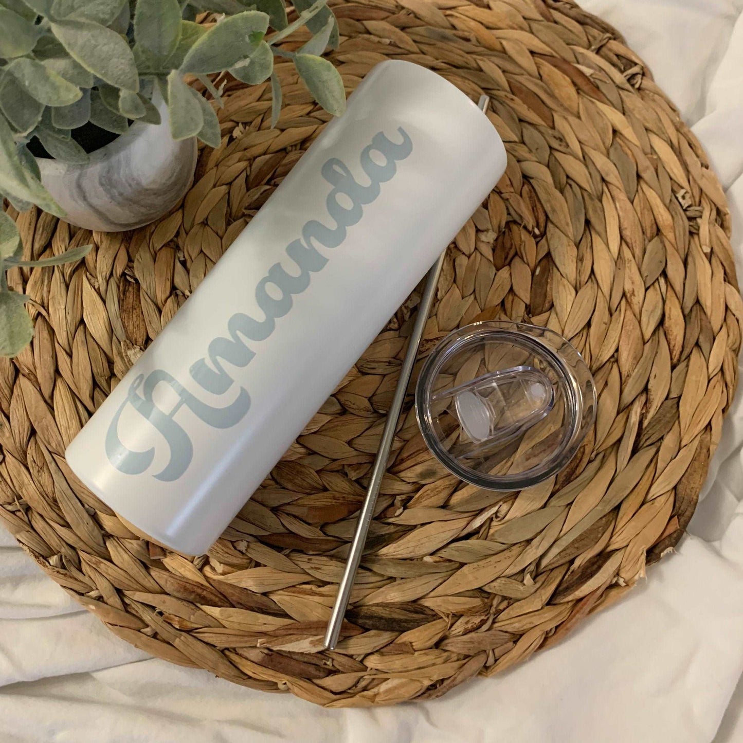 Personalized  White Tumblers with blue retro name on it, lid and stainless steel straw