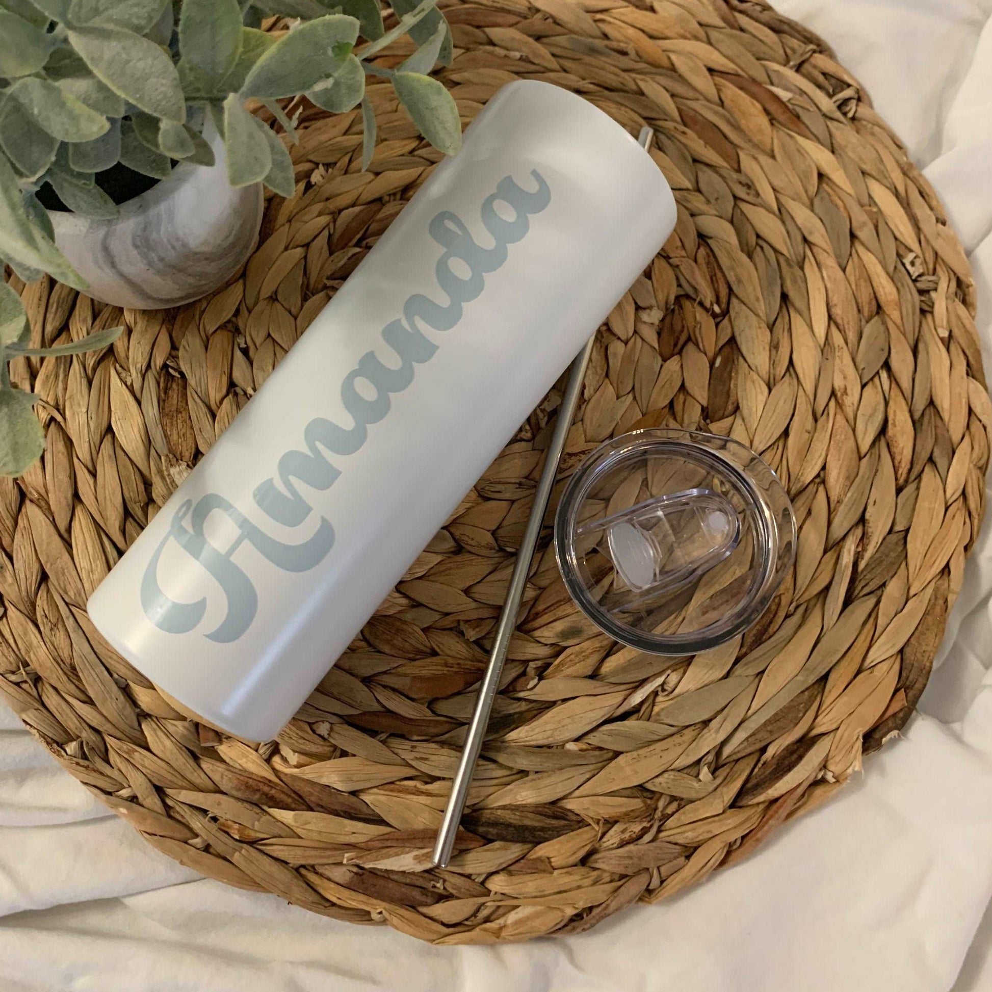 Personalized  White Tumblers with blue retro name on it, lid and stainless steel straw