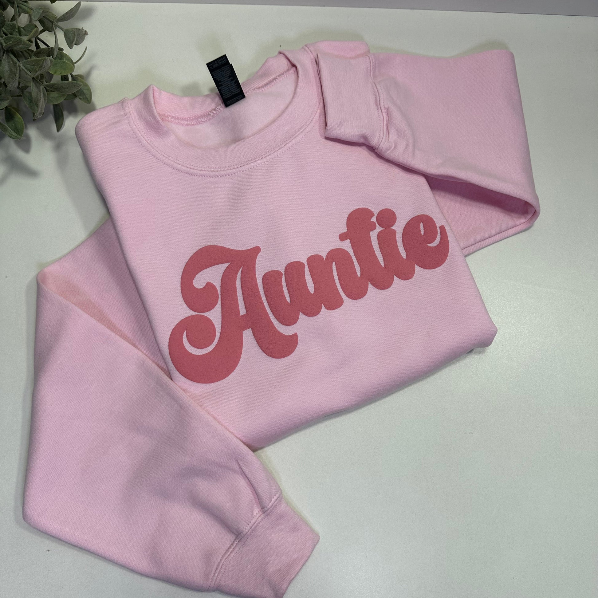 Light Pink sweatshirt s with 'Auntie' Pink text on a white background