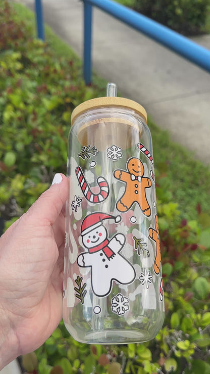 Cute Snowman and Gingerbread Glass Tumbler