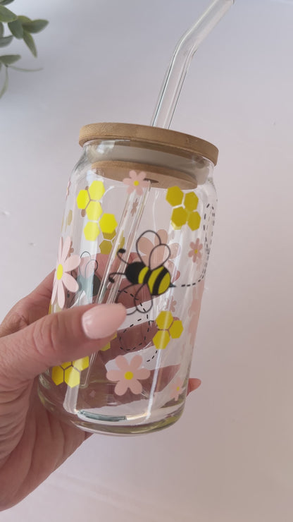 Bumblebee and Daisy Flowers Glass Cup